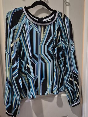 Bisou Bisou Geometric Stripe Long Sleeve Top - Black, Blue, Cream